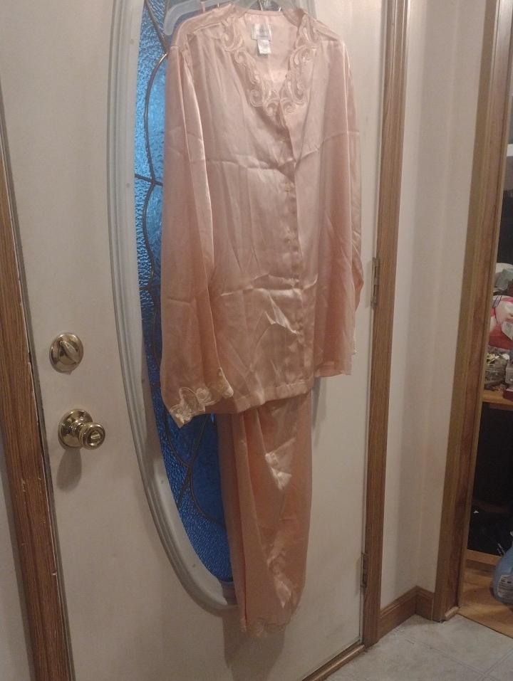 Cabernet Peach Satin Pajama Set With Embroidered Detail